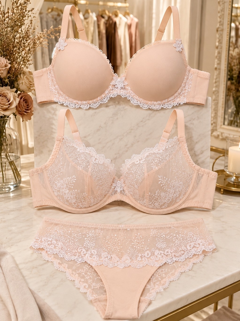 Simon Pearce 3 Piece Embroidered Lingerie Set 40D 2XL Pink Lace Bras & Panties